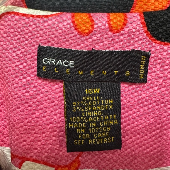 Grace Elements 16W Blazer Bold Floral Print Jacket Pink Orange Black Cotton - Picture 7 of 7